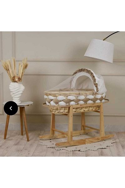 Mini Baby Moses basket braided in beige and off-white with wooden rocking stand