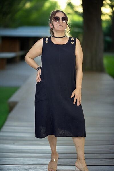 yagmurberen Button Detail Jopone Sleeve (Sleeveless) Pocketed Muslin Fabric Large Size Summer Dress