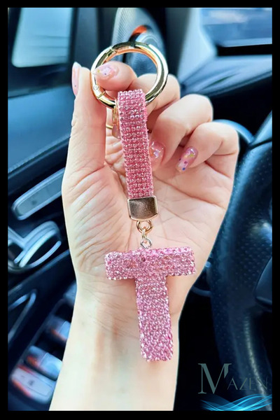 MAZEN Breloc cu litera T VIP roz |   Charm cu pietre |   Accesoriu strălucito...