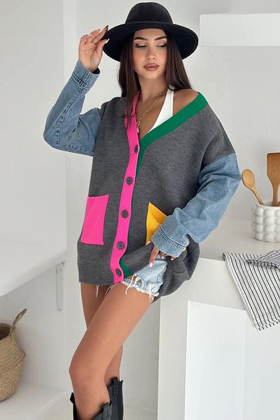 FEMELLE Women's Anthracite Sleeve Jeans Standard Size Knitwear Cardigan Colorful Pocket Detailed Buttoned Oversize