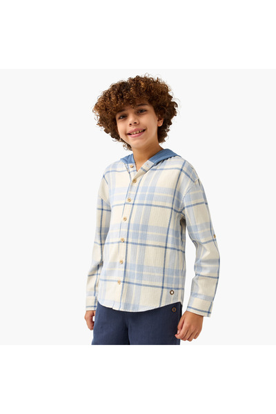 ELIGO قميص منقوش بغطاء رأس وأكمام طويلة