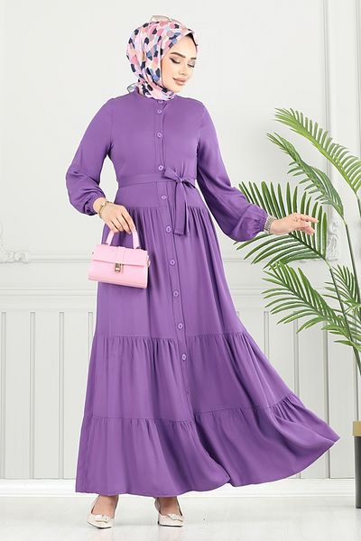 ModaMerve Viscose Dress with Elastic Cuffs 1124Bgs895-M Lilac