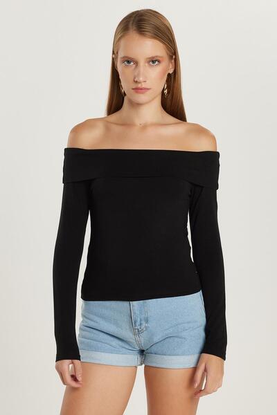 Tudors Women's Slim Fit Slim Fit Long Sleeve Boat Neck Black Blouse