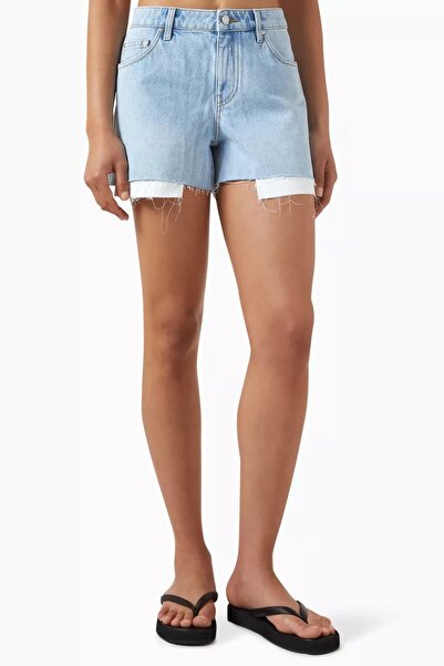 12storeez Denim Women's Shorts with Raw Hem and Five Pockets Design Light Blue