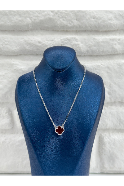 Livora Jewelry Bordo Taşlı Yonca Kadın Gümüş Kolye