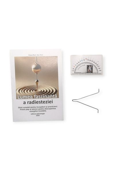 astromagie Kit: The Fascinating World of Dowsing book, silver metal loop and protractor