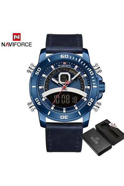 Naviforce Men's Analog-Digital Quartz Watch – 45mm Blue Dial, Leather Strap, Dual Display, Water Resistant