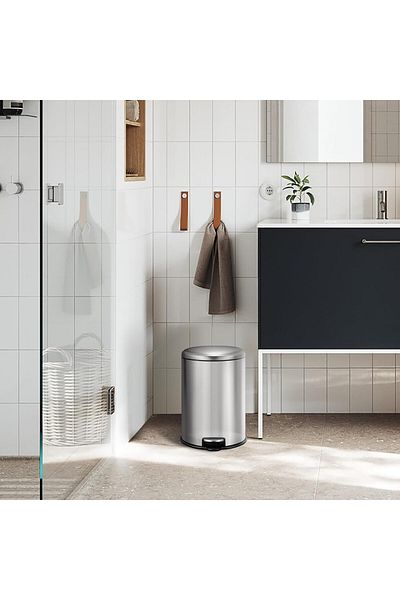 EKO 5L Pedal Bin Serene - Silver | Compact Round Step Bin with Soft-Close Lid