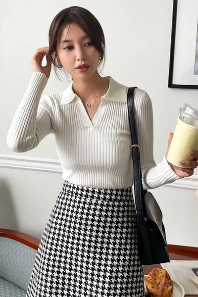 Tarz Cool White Ribbed Polo Neck Knitwear Sweater