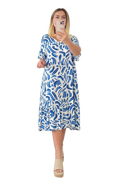 Modasultan V-Neck Patterned Pocket Short Sleeve Midi Length Skirt Ruffled Viscose Dress