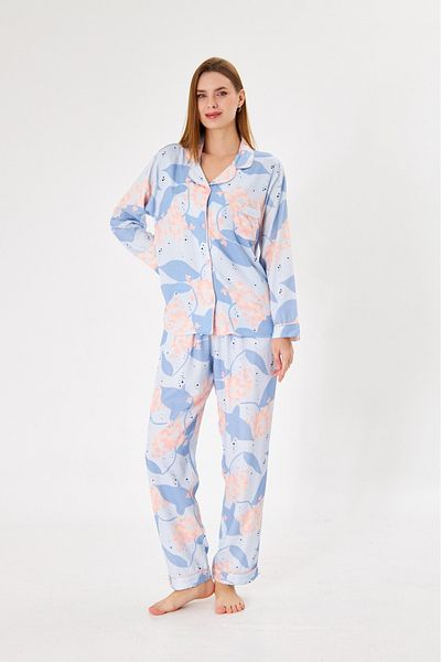 seamlife Women's 100% Cotton Woven Blue Floral Pattern Pink Piping Shirt Collar Button-Down Pajama Set with Pockets