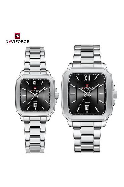 Naviforce Stylish Silver Stainless Steel Couple Watch Set with Black Square Dial Date Display