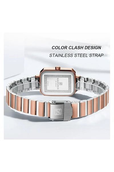 Naviforce Women's Luxury Rectangular Watch – Rose Gold & White Stainless Steel Waterproof Elegant Design
