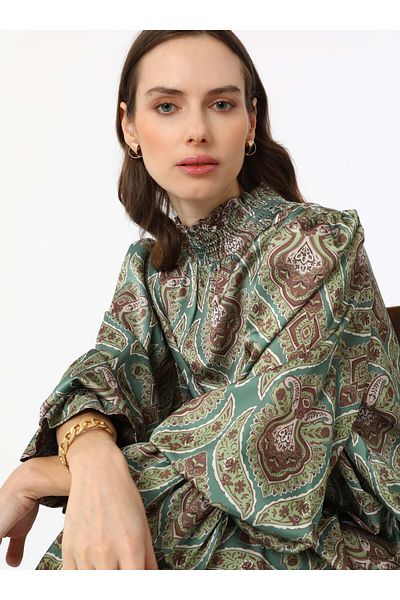 Refka Printed Satin Tunic - Green - Refka