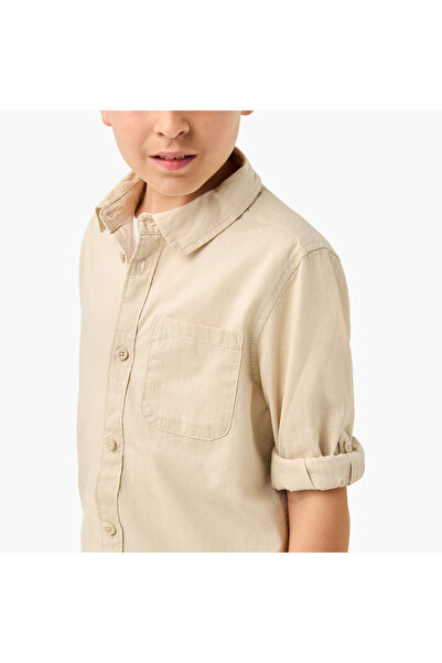 Juniors Solid Shirt with Long Sleeves and Chest Pocket