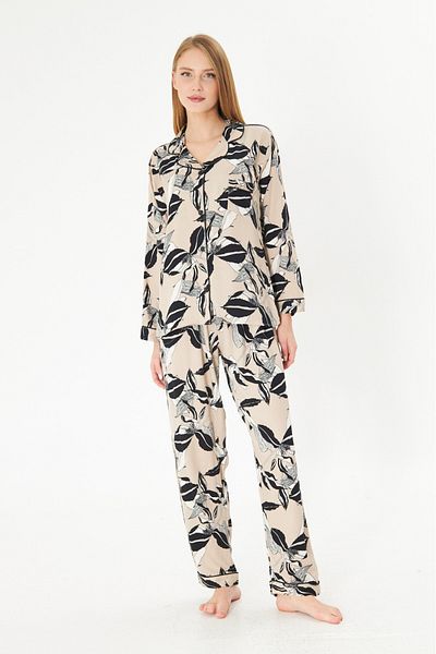 seamlife Women's 100% Cotton Woven Milk Coffee Flower Pattern Shirt Collar Button-Through Pocket Pajamas Set
