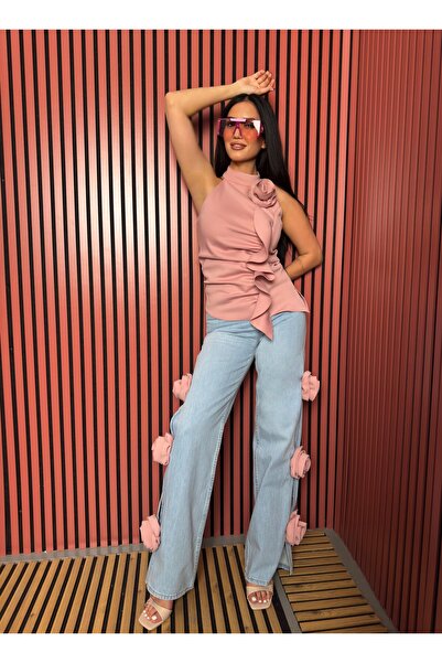 1Moda1Tarz Women's Imported Denim Special Design Mom Jeans with Rose Embroidered Pockets on the Sides