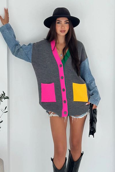 FEMELLE Women's Anthracite Sleeve Jeans Standard Size Knitwear Cardigan Colorful Pocket Detailed Buttoned Oversize