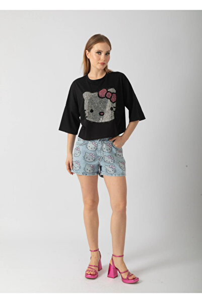 top girl hello kitty Taş Detaylı Kadın Oversize Crop Tişört
