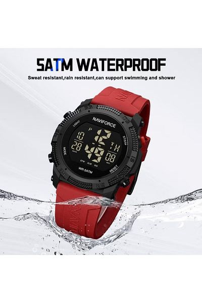 Naviforce Stylish Mens Digital Sports Watch with Black Dial Red Silicone Strap Water Resistant 50M Stopwatch