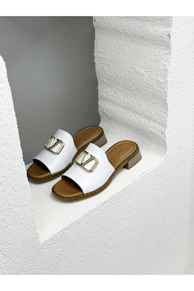 NUR KARACA 24Y2727 Front Buckle Detail Genuine Leather Slippers for Women