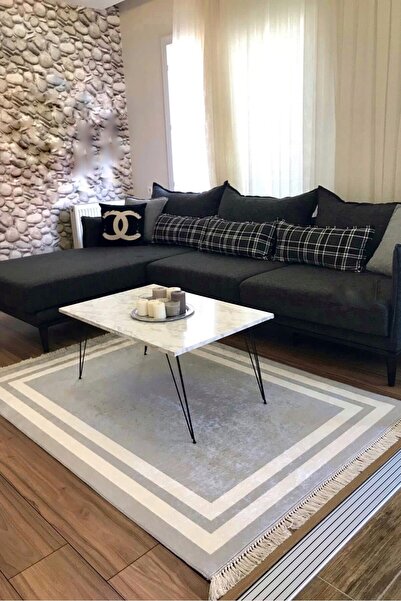 CENTER AVM Gri Beyaz Halı Salon Halısı Makinede Yıkanabilir Kaymaz Taban Halı