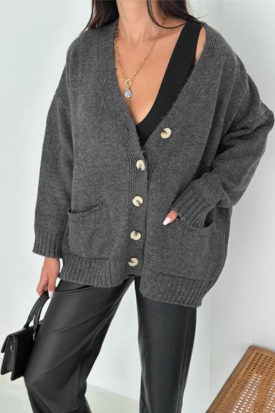 FEMELLE Cardigan de tricotaj supradimensionat pentru femei, antracit, cu mărime standard, cu buzunar dublu, cu detaliu de nasturi, cu umăr jos