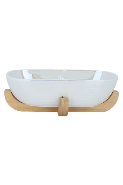 Alsaif Gallery Porcelain Serving Bowl, 26×14×9 cm, Wooden Base - White