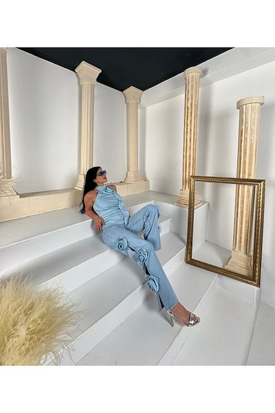 1Moda1Tarz Blugi Mom de damă din denim importat cu buzunare brodate cu trandafiri pe laterale