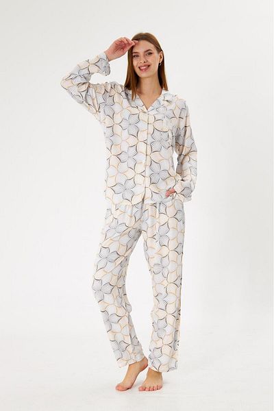 seamlife Women's 100% Cotton Woven Fabric Ecru Floral Patterned Shirt Collar Buttoned Pajama Set with Pockets
