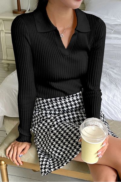 Tarz Cool Pulover negru din tricot cu guler polo