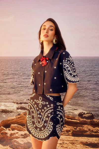Quzu Mini Floral Embroidered Sleeves Embroidered Shirt Navy Blue