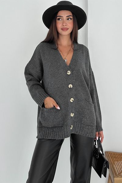 FEMELLE Cardigan de tricotaj supradimensionat pentru femei, antracit, cu mărime standard, cu buzunar dublu, cu detaliu de nasturi, cu umăr jos