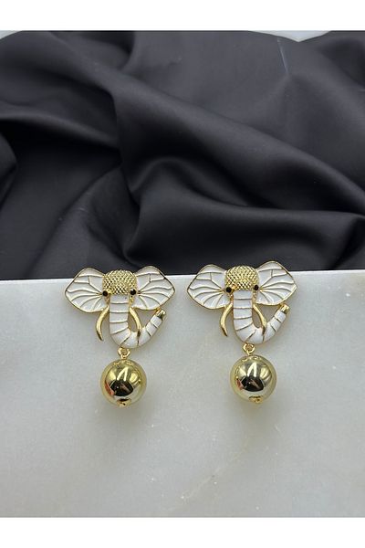 Duéra White Enameled Elephant Figured Gold Detailed Design Brand Model Hanging Steel Earrings