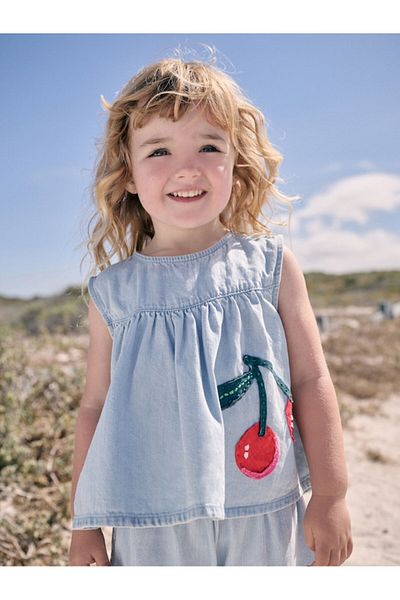 Next Baby Cotton Denim Cherry Applique Short Sleeve Bottom Top Set