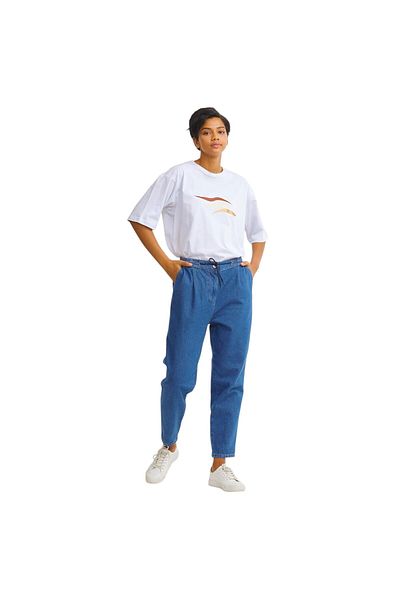 Kayra Women's Elastic Waist Carrot Cut Denim Navy Blue Trousers