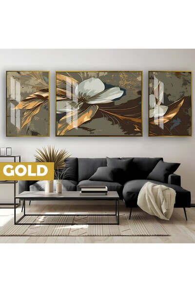Harikabirev HARİKABİREV|SİYAH&GOLD SET ÇİÇEK KOMBİNİ (ARTISTIC)|ÇERÇEVELİ TEMPERLİ CAM TABLO 3LÜ YATAY