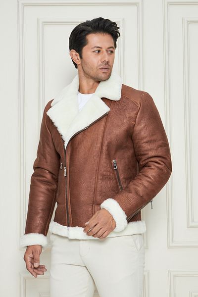By Marki Marki Men's Genuine Fur Coat, Tan Tumbled Leather, Double Breasted Zipper, White Fur, 74 Cm- 500722X