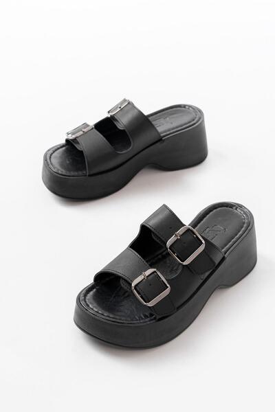 Aymood 24414-574 Black Daily Buckle Wedge Heel Women's Slippers