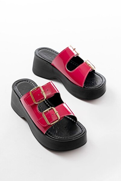 Aymood 24414-574 Fuchsia Patent Leather Daily Buckle Wedge Heel Women's Slippers