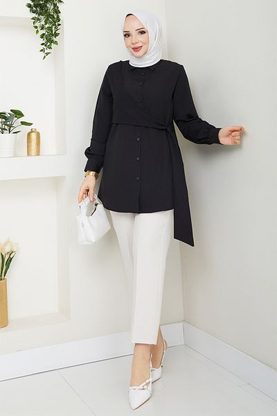 ModaMerve Side Lace Tunic 126Asn936-M Black