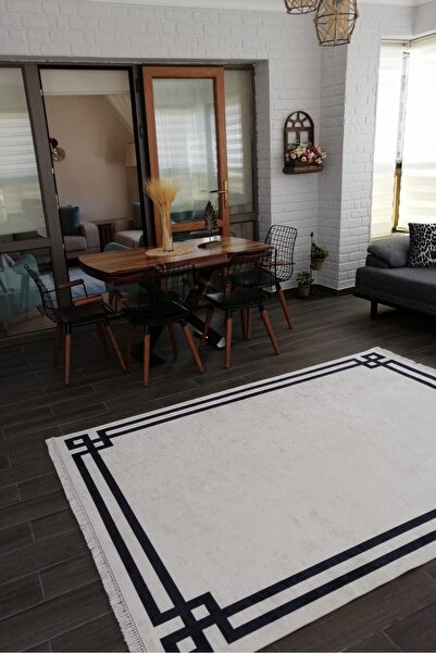 CENTER AVM Beyaz Siyah Halı Balkon Halısı Makinede Yıkanabilir Kaymaz Taban Halı