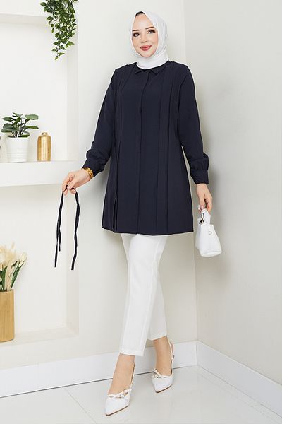ModaMerve Tunic with Lace-Up Waist 273Asn936-M Navy
