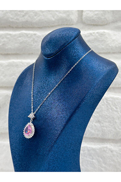 Livora Jewelry Pırlanta Montür Pembe Kuvars Taşlı Kadın Gümüş Kolye