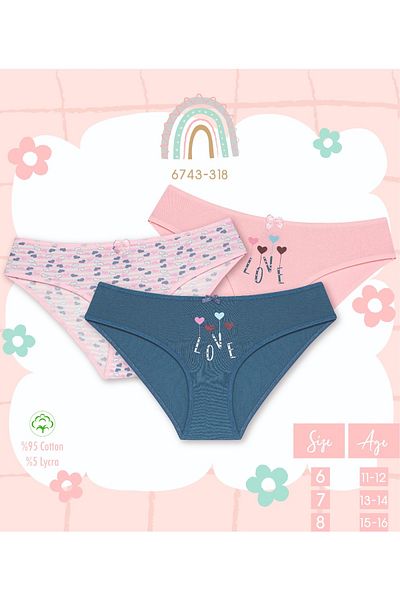 Cicito Girl's Cotton Lycra Color Bikini Panties 3 Pack 6743