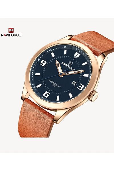 Naviforce Rose Gold Blue Dial Mens Watch with Elegant Brown Leather Strap Waterproof Quartz Timepiece