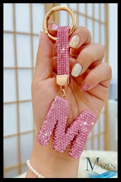 MAZEN Pink Vip Letter m Keychain |   Stone Charm |   Bag Compatible Sparkling Accessory