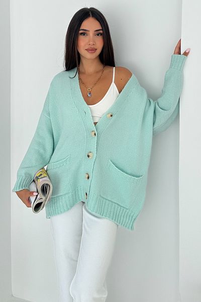 FEMELLE Women's Mint Wide Fit Standard Size Double Pocket Button Detailed Off Shoulder Oversize Knitwear Cardigan