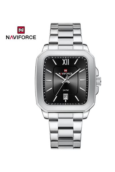 Naviforce Stylish Silver Stainless Steel Couple Watch Set with Black Square Dial Date Display