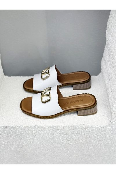 NUR KARACA 24Y2727 Front Buckle Detail Genuine Leather Slippers for Women